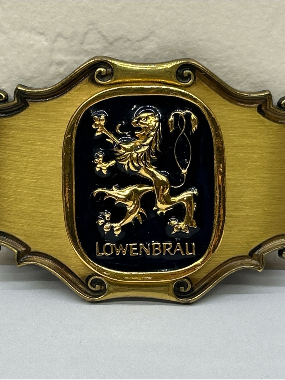 Vintage 1980 Löwenbräu Beer Belt Buckle Heraldic Lion Brass W Enamel